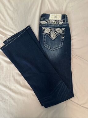Miss Me Dark Blue Boot Cut Jeans with Silver Embroidery